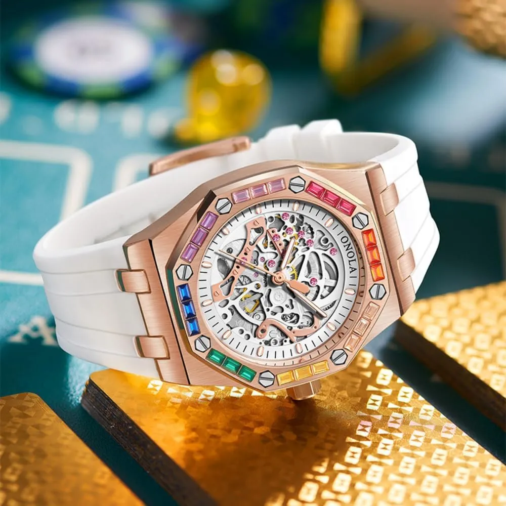 Bezel Wristwatch Luxury Skeleton Hollow Automatic Self-Wind Mechanical Watch Silicone Strap Waterproof inject summon excursion Luminous Watches Fashion Men Rainbow Diamond 