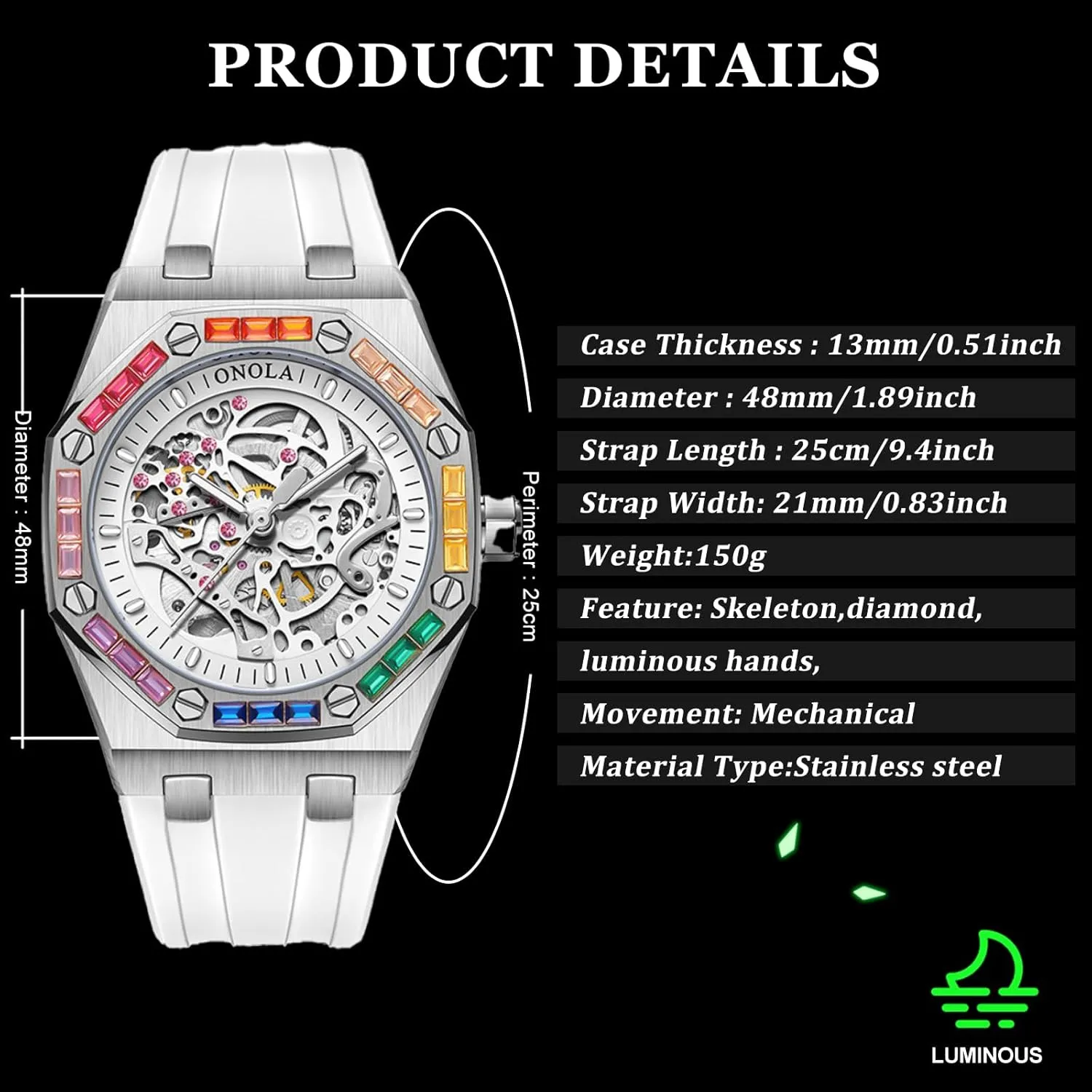 Bezel Wristwatch Luxury Skeleton Hollow Automatic Self-Wind Mechanical Watch Silicone Strap Waterproof inject summon excursion Luminous Watches Fashion Men Rainbow Diamond 