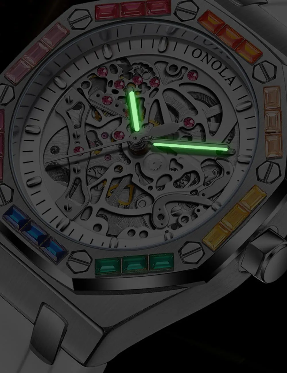 Bezel Wristwatch Luxury Skeleton Hollow Automatic Self-Wind Mechanical Watch Silicone Strap Waterproof inject summon excursion Luminous Watches Fashion Men Rainbow Diamond 