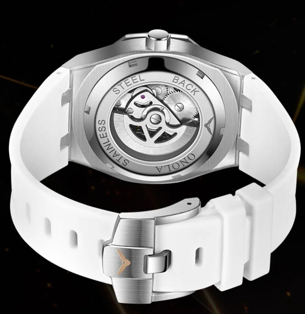 Bezel Wristwatch Luxury Skeleton Hollow Automatic Self-Wind Mechanical Watch Silicone Strap Waterproof inject summon excursion Luminous Watches Fashion Men Rainbow Diamond 