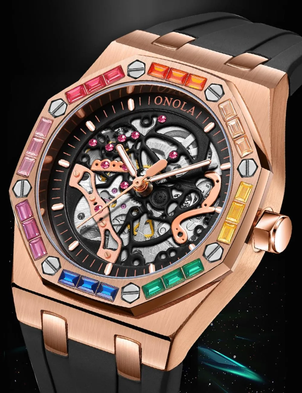 Bezel Wristwatch Luxury Skeleton Hollow Automatic Self-Wind Mechanical Watch Silicone Strap Waterproof inject summon excursion Luminous Watches Fashion Men Rainbow Diamond 