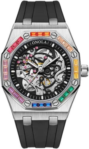 Bezel Wristwatch Luxury Skeleton Hollow Automatic Self-Wind Mechanical Watch Silicone Strap Waterproof inject summon excursion Luminous Watches Fashion Men Rainbow Diamond 