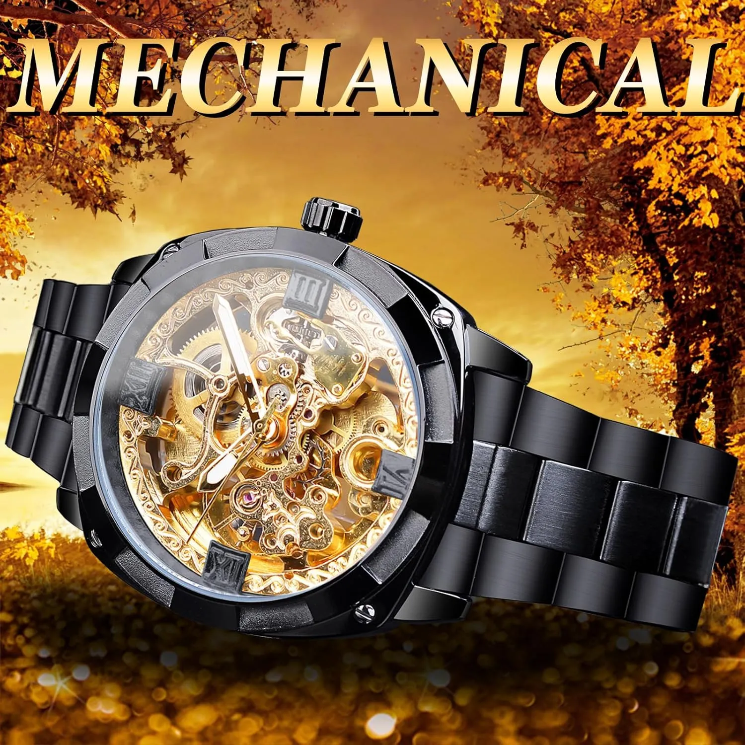 Bezel Wristwatch, Self-wind Automatic Mechanical Men Watches FORSINING Men's Luxury Skeleton Watch, Carving Hollow 41mm Big Dial cohesive abolish flight with Square 