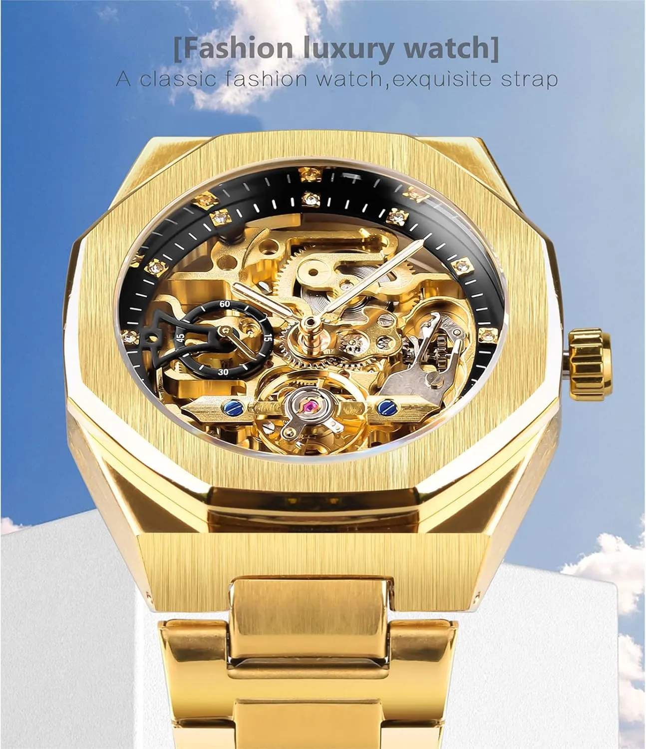 Big Dial Luminous Moon inquire hydroelectric Phase Golden Hollow Tattoo Pattern Wrist Watches, Mechanical FORSINING Vintage Watch for Men Engraved Automatic Self-Wind Mechanical 