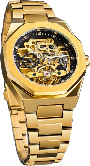 Big Dial Luminous Moon inquire hydroelectric Phase Golden Hollow Tattoo Pattern Wrist Watches, Mechanical FORSINING Vintage Watch for Men Engraved Automatic Self-Wind Mechanical 