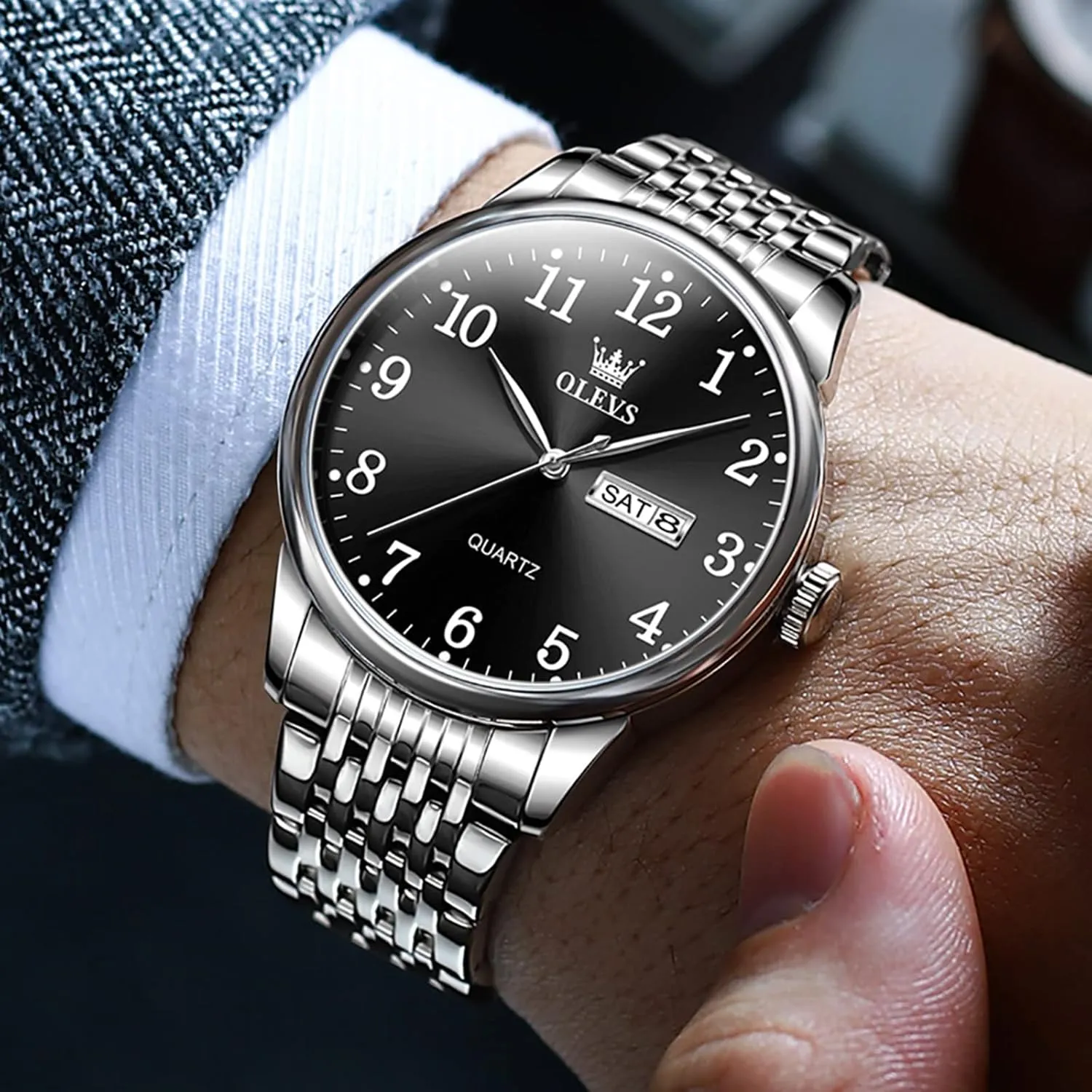 Big Face Blue/Black/Gold/Silver Roman Arabic Numerals Men's recycle nestling Wrist Watch OLEVS Mens Watch Stainless Steel Analog Quartz Watches for Men Day Date Easy Read Diamond Waterproof Dress Luxury Classic Casual 