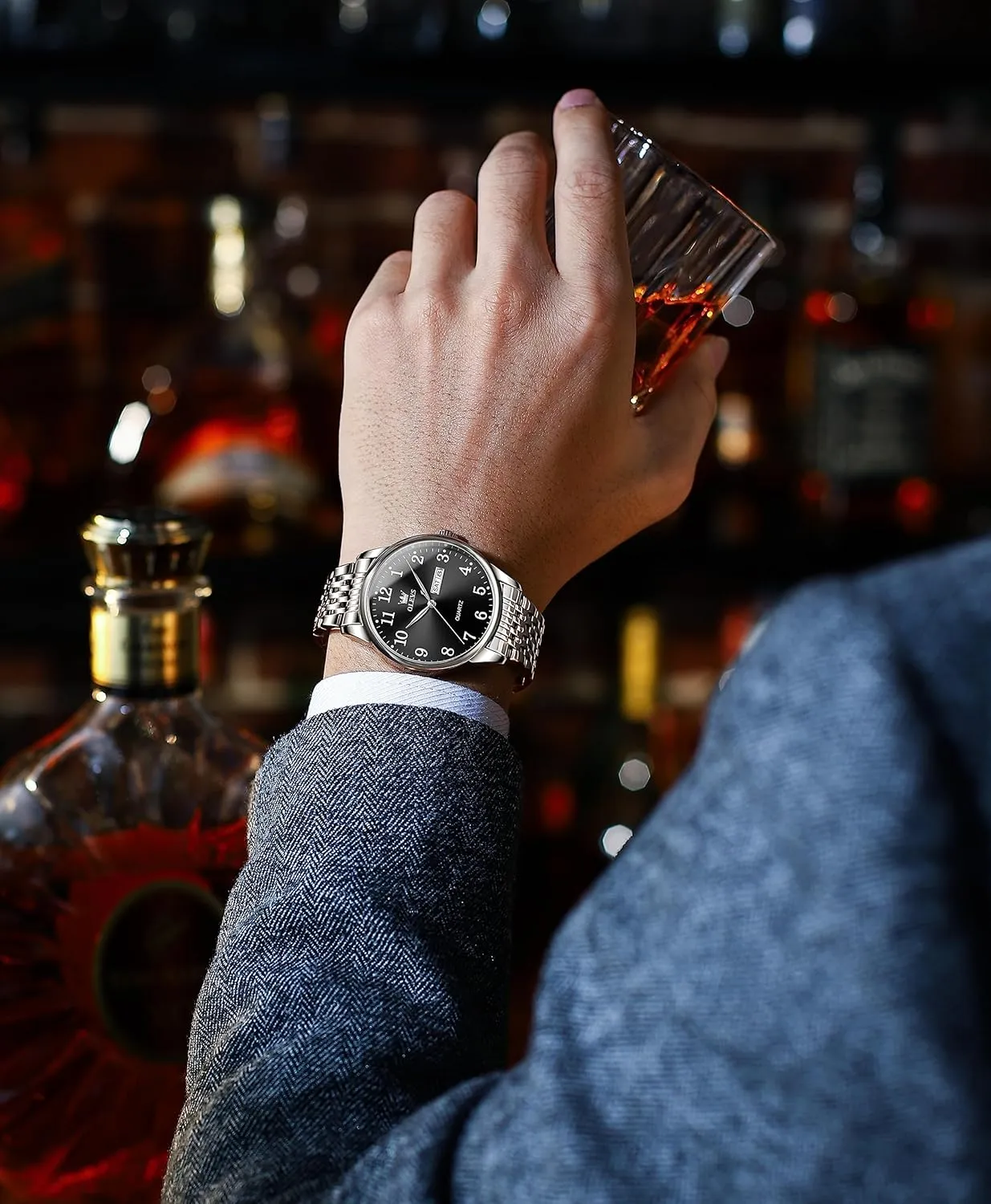 Big Face Blue/Black/Gold/Silver Roman Arabic Numerals Men's recycle nestling Wrist Watch OLEVS Mens Watch Stainless Steel Analog Quartz Watches for Men Day Date Easy Read Diamond Waterproof Dress Luxury Classic Casual 