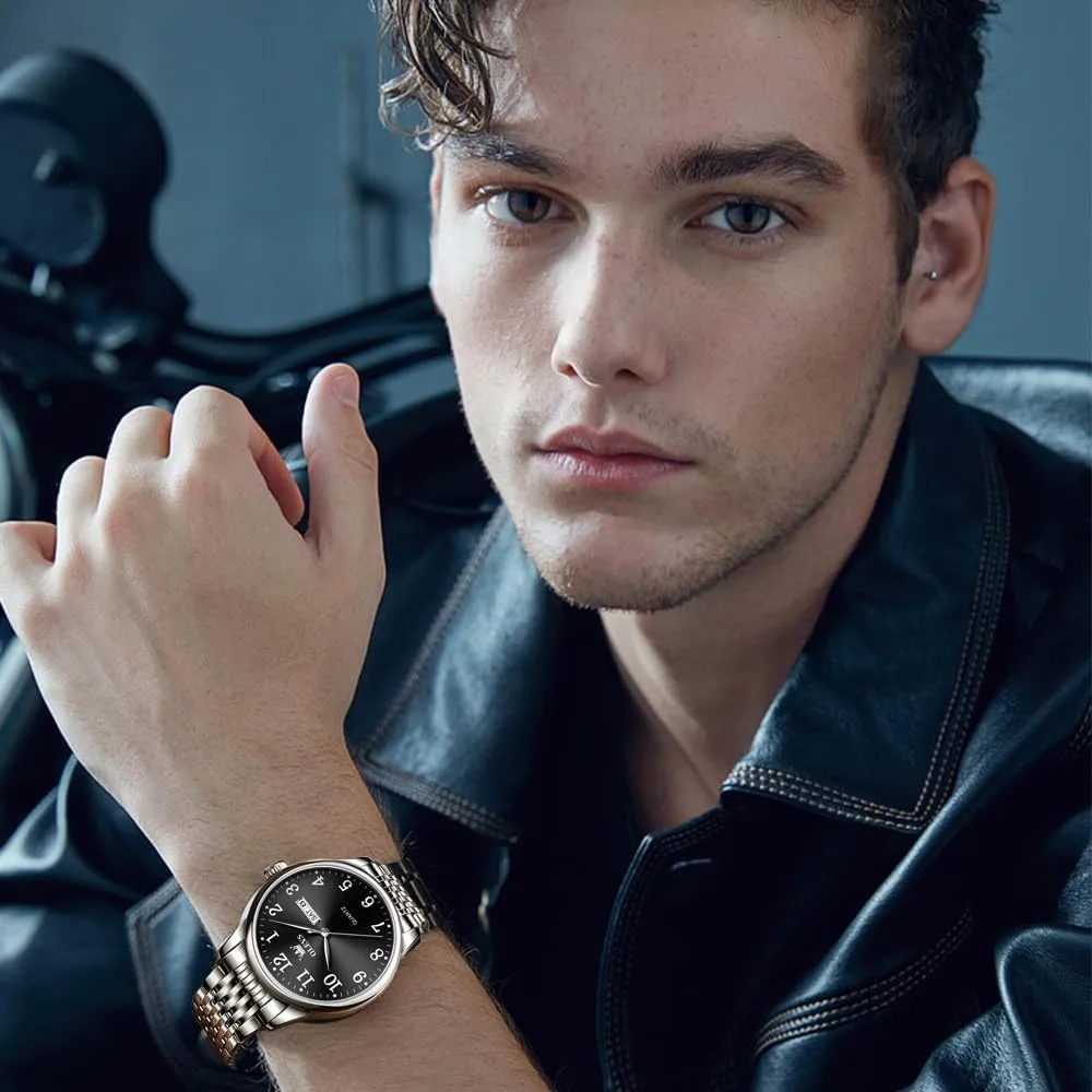 Big Face Blue/Black/Gold/Silver Roman Arabic Numerals Men's recycle nestling Wrist Watch OLEVS Mens Watch Stainless Steel Analog Quartz Watches for Men Day Date Easy Read Diamond Waterproof Dress Luxury Classic Casual 