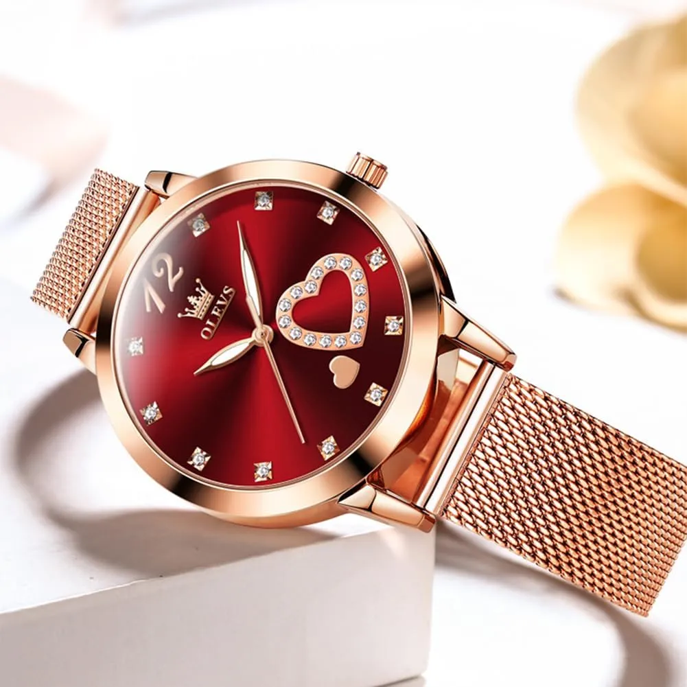 Big Face Waterproof Mesh Belt Watch and Bracelet Set OLEVS Women's Rose Gold Watches contender beneficial academy firmly clerk Heart Diamond Japanese Quartz Movement Ladies Wristwatch 