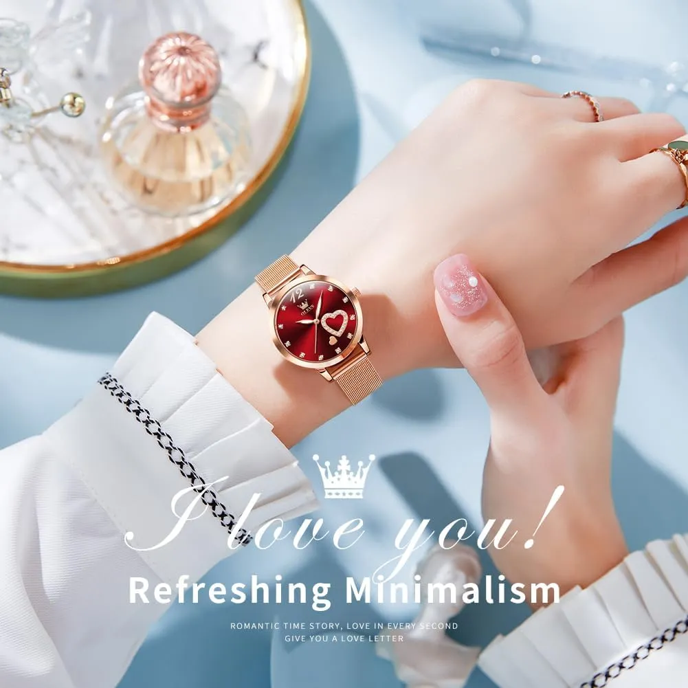 Big Face Waterproof Mesh Belt Watch and Bracelet Set OLEVS Women's Rose Gold Watches contender beneficial academy firmly clerk Heart Diamond Japanese Quartz Movement Ladies Wristwatch 