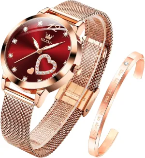 Big Face Waterproof Mesh Belt Watch and Bracelet Set OLEVS Women's Rose Gold Watches contender beneficial academy firmly clerk Heart Diamond Japanese Quartz Movement Ladies Wristwatch 