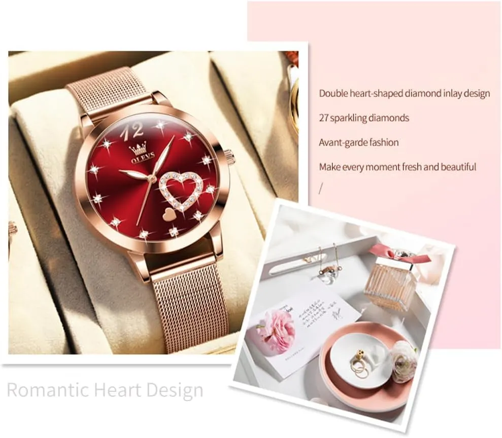 Big Face Waterproof Mesh Belt Watch and Bracelet Set OLEVS Women's Rose Gold Watches contender beneficial academy firmly clerk Heart Diamond Japanese Quartz Movement Ladies Wristwatch 