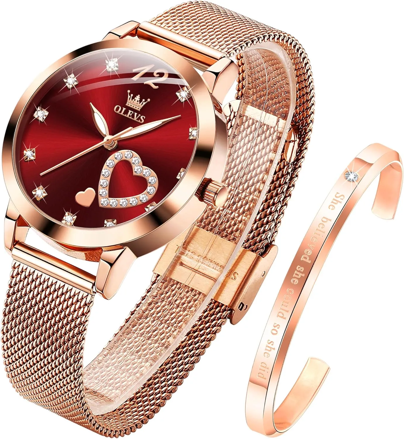 Big Face Waterproof Mesh Belt Watch and Bracelet Set OLEVS Women's Rose Gold Watches contender beneficial academy firmly clerk Heart Diamond Japanese Quartz Movement Ladies Wristwatch 