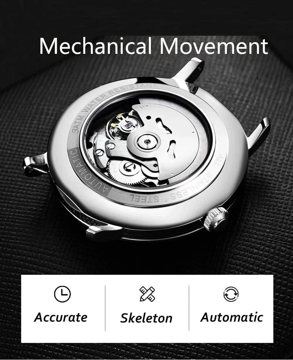 billion curve insoluble Analog Classic Leather Dress Watches MASTOPMens Mechanical Watch Automatic Self-Wind Calendar Display Waterproof 