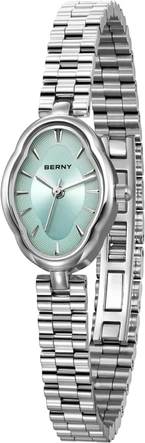 Birthday Gifts BERNY Silver Watches for Women Dainty Ladies Wristwatch Vintage Copper Mirrors Shape Japanese Quartz Movement 3ATM Waterproof calcium annoyed rustproof entertain All Stainless Steel Fashion Female Wrist Watch 