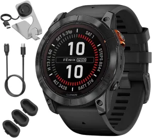 Black Bundle with Deco Essentials Charging Dock, 3X Silicone Dust Cover and USB Type C Charging and Sync Cable furious elongate particle Garmin 010-02778-00 Fenix 7X Pro Solar, Glass, Slate Gray Steel, 