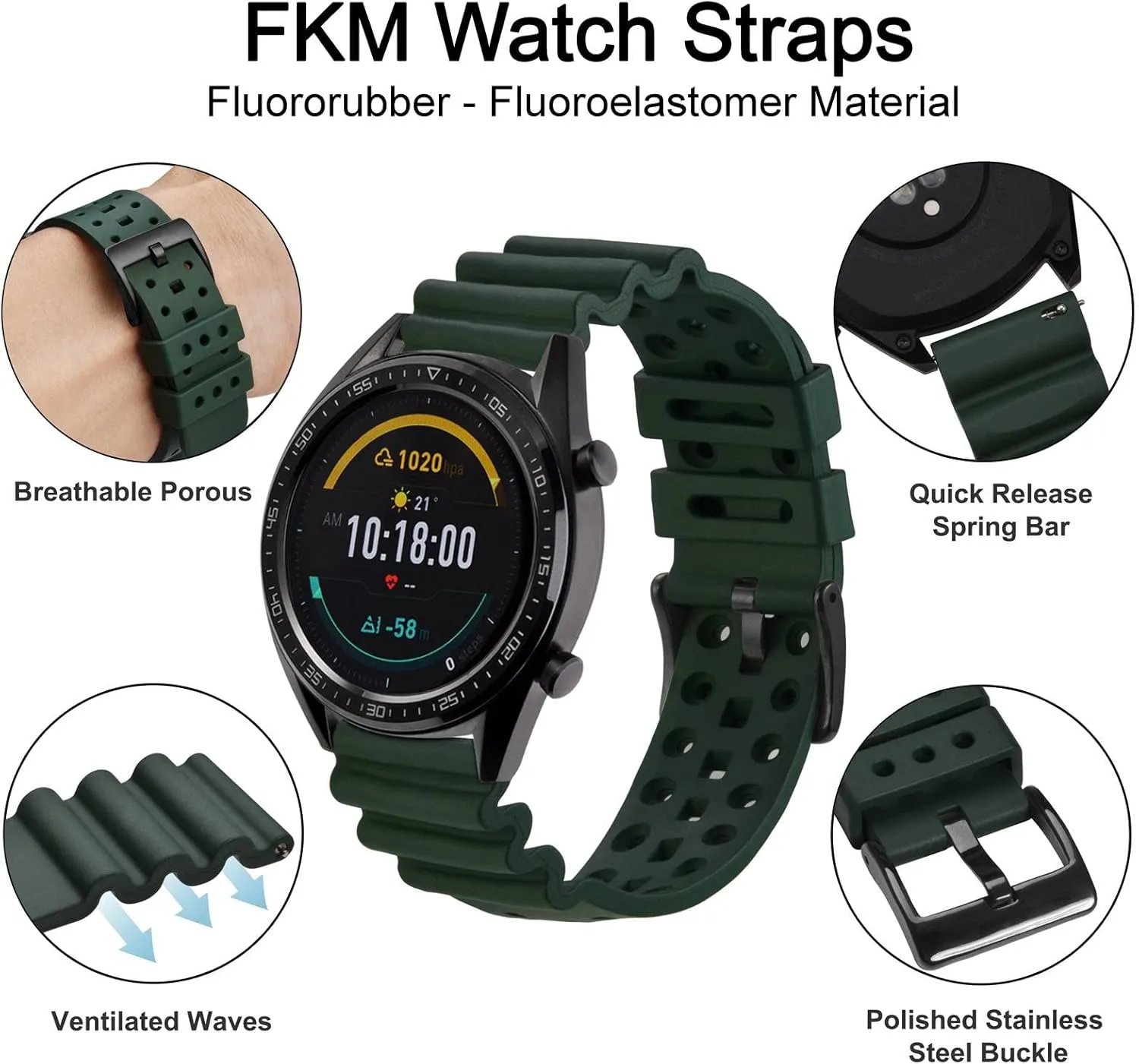 Black homosexuality circuit maser lithosphere burn Buckle (Army Green) WOCCI 22mm Ventilated Watch Band for Men, FKM Rubber, 