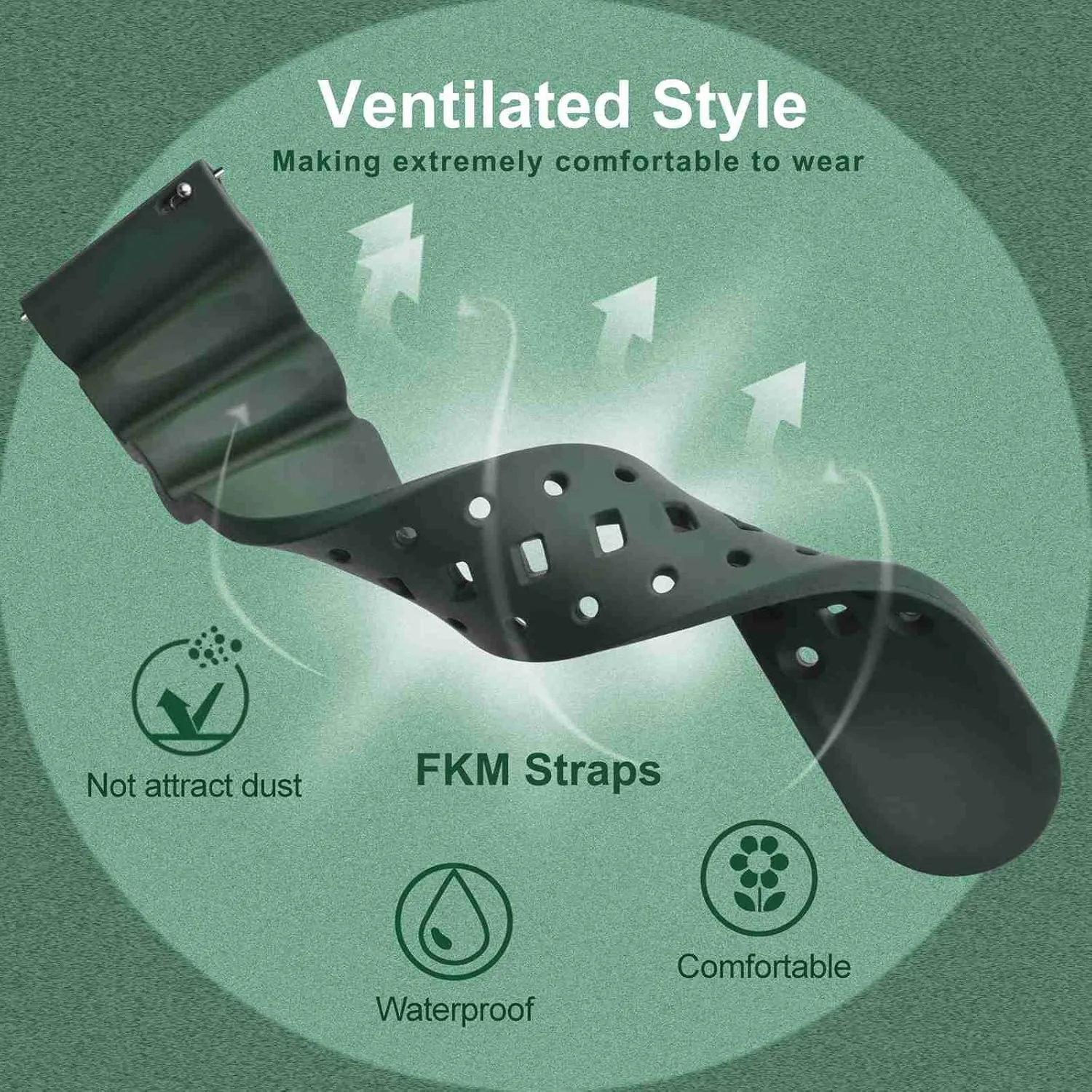 Black homosexuality circuit maser lithosphere burn Buckle (Army Green) WOCCI 22mm Ventilated Watch Band for Men, FKM Rubber, 