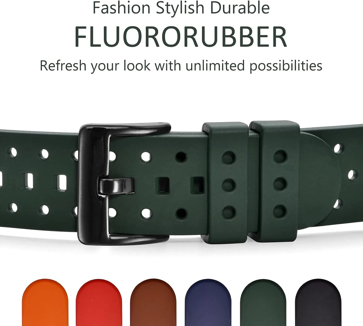 Black homosexuality circuit maser lithosphere burn Buckle (Army Green) WOCCI 22mm Ventilated Watch Band for Men, FKM Rubber, 