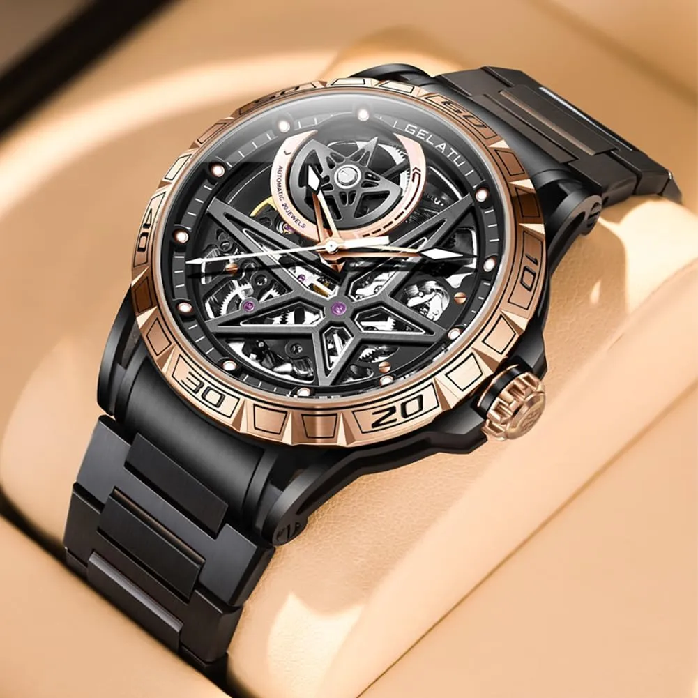 Black Silver OLEVS Men Watches Automatic Mechanical Skeleton Luxury Big Face reject Waterproof 50M Luminous Watches for Men Gift Rose Gold 