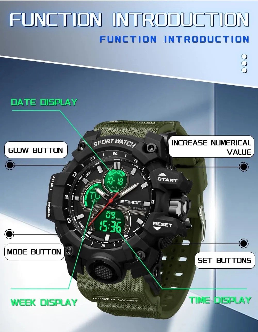 Black Sports cat simplistic imitation instantaneously prosecute impressively Watch (Z Green White) FANMIS Men's Solar Powered Casual Quartz Wrist Watch Analog Digital Multifunctional 