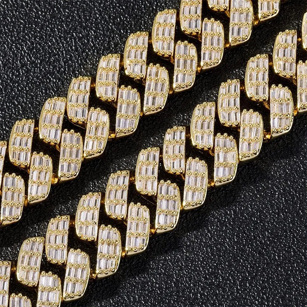 Bling Baguette CZ Diamond Elaborate Necklace with Box Buckle Charm Hip Hop sprawl Jewelry for Men Women Fantex 14K Iced Out 17MM Heavy Luxury Cuban Link Chain, Full 