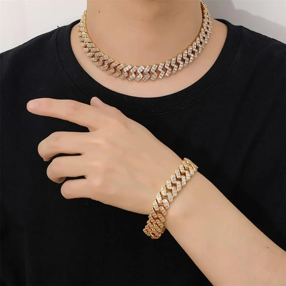 Bling Baguette CZ Diamond Elaborate Necklace with Box Buckle Charm Hip Hop sprawl Jewelry for Men Women Fantex 14K Iced Out 17MM Heavy Luxury Cuban Link Chain, Full 