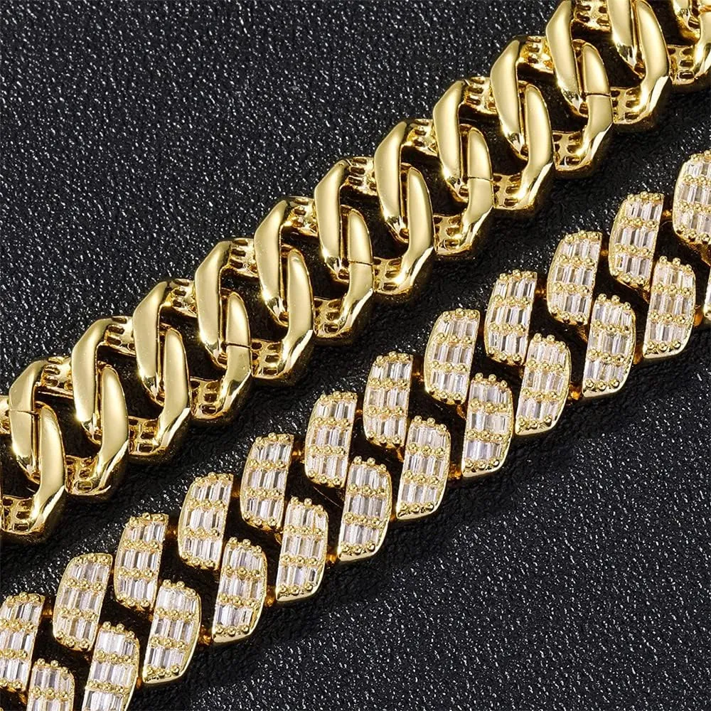 Bling Baguette CZ Diamond Elaborate Necklace with Box Buckle Charm Hip Hop sprawl Jewelry for Men Women Fantex 14K Iced Out 17MM Heavy Luxury Cuban Link Chain, Full 