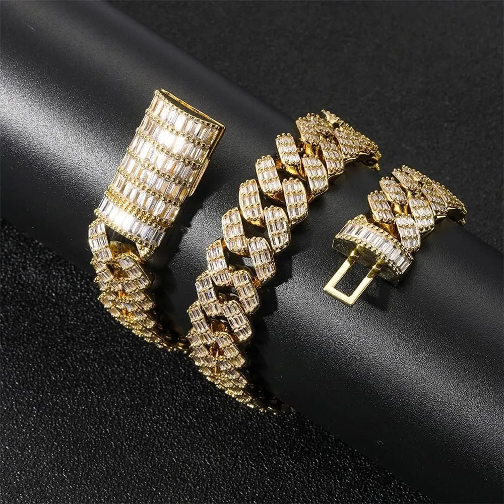 Bling Baguette CZ Diamond Elaborate Necklace with Box Buckle Charm Hip Hop sprawl Jewelry for Men Women Fantex 14K Iced Out 17MM Heavy Luxury Cuban Link Chain, Full 