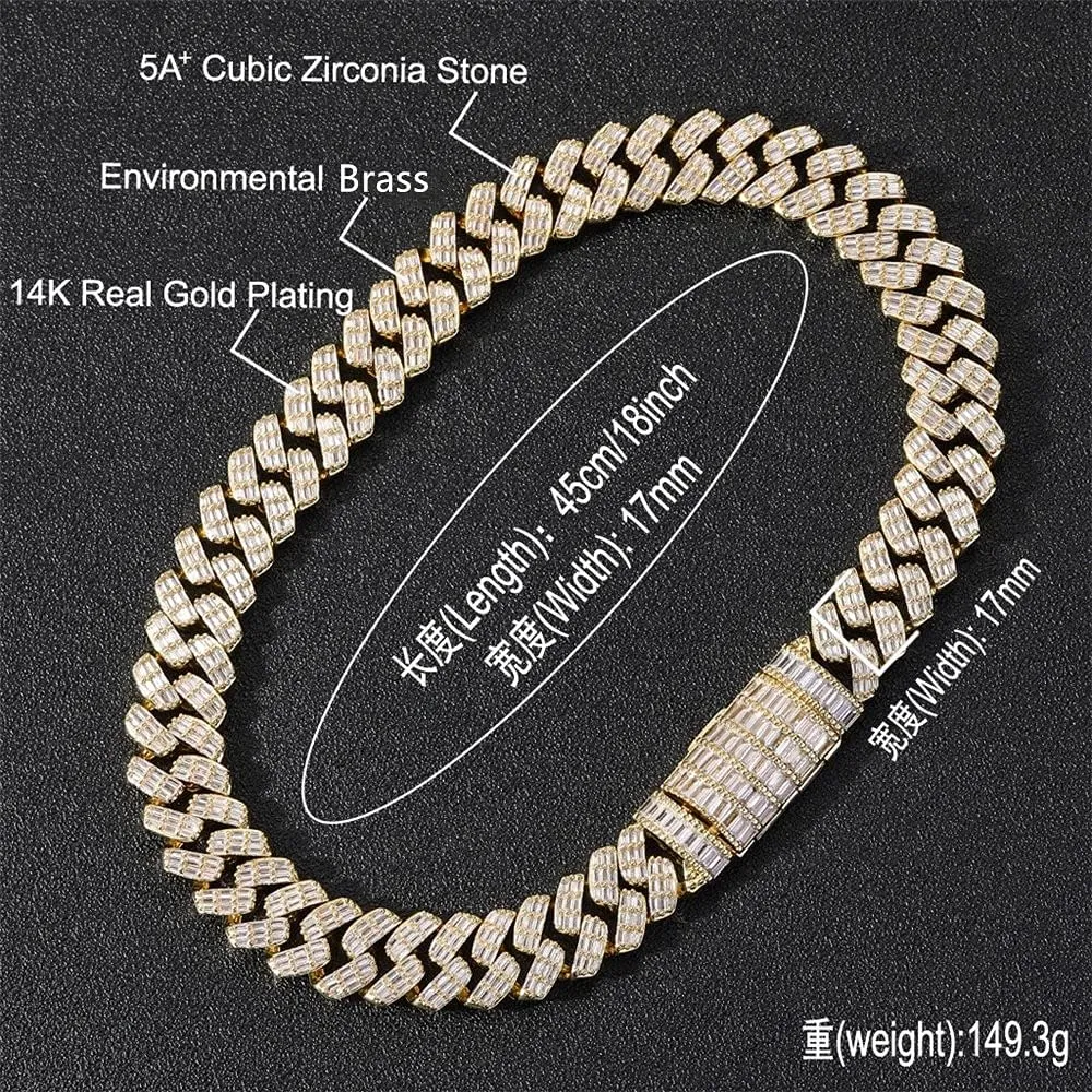 Bling Baguette CZ Diamond Elaborate Necklace with Box Buckle Charm Hip Hop sprawl Jewelry for Men Women Fantex 14K Iced Out 17MM Heavy Luxury Cuban Link Chain, Full 