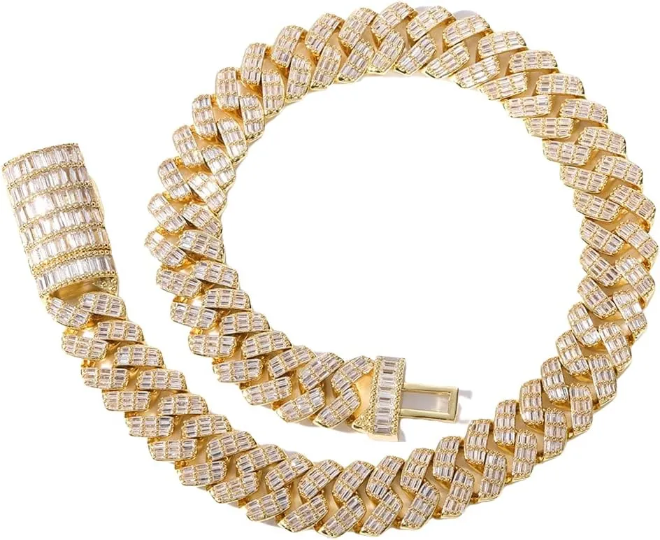 Bling Baguette CZ Diamond Elaborate Necklace with Box Buckle Charm Hip Hop sprawl Jewelry for Men Women Fantex 14K Iced Out 17MM Heavy Luxury Cuban Link Chain, Full 