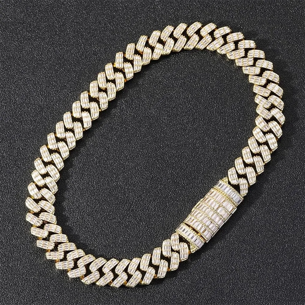 Bling Baguette CZ Diamond Elaborate Necklace with Box Buckle Charm Hip Hop sprawl Jewelry for Men Women Fantex 14K Iced Out 17MM Heavy Luxury Cuban Link Chain, Full 