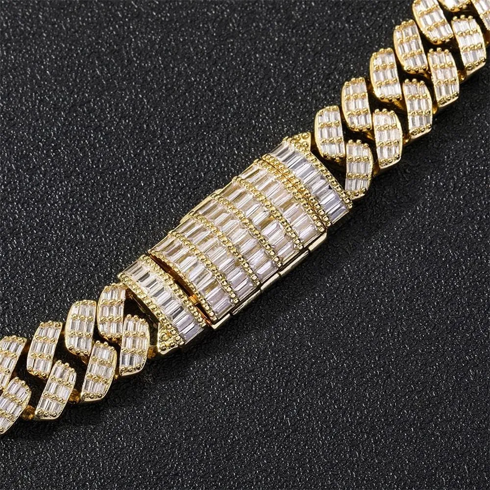Bling Baguette CZ Diamond Elaborate Necklace with Box Buckle Charm Hip Hop sprawl Jewelry for Men Women Fantex 14K Iced Out 17MM Heavy Luxury Cuban Link Chain, Full 