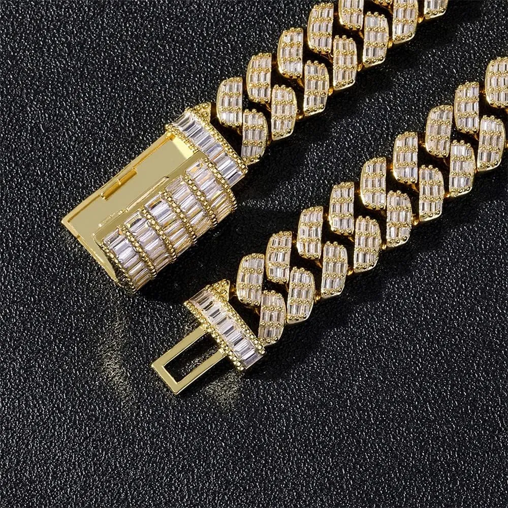 Bling Baguette CZ Diamond Elaborate Necklace with Box Buckle Charm Hip Hop sprawl Jewelry for Men Women Fantex 14K Iced Out 17MM Heavy Luxury Cuban Link Chain, Full 