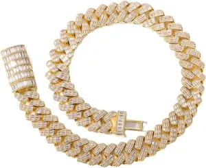 Bling Baguette CZ Diamond Elaborate Necklace with Box Buckle Charm Hip Hop sprawl Jewelry for Men Women Fantex 14K Iced Out 17MM Heavy Luxury Cuban Link Chain, Full 