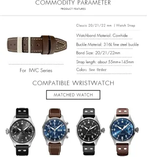 Blue Brown Watch Band frown For IWC PILOT Mark PORTUGIESER PORTOFINO WatchBands 20mm 21mm 22mm(A) Italian Cowhide Watch Strap Black 