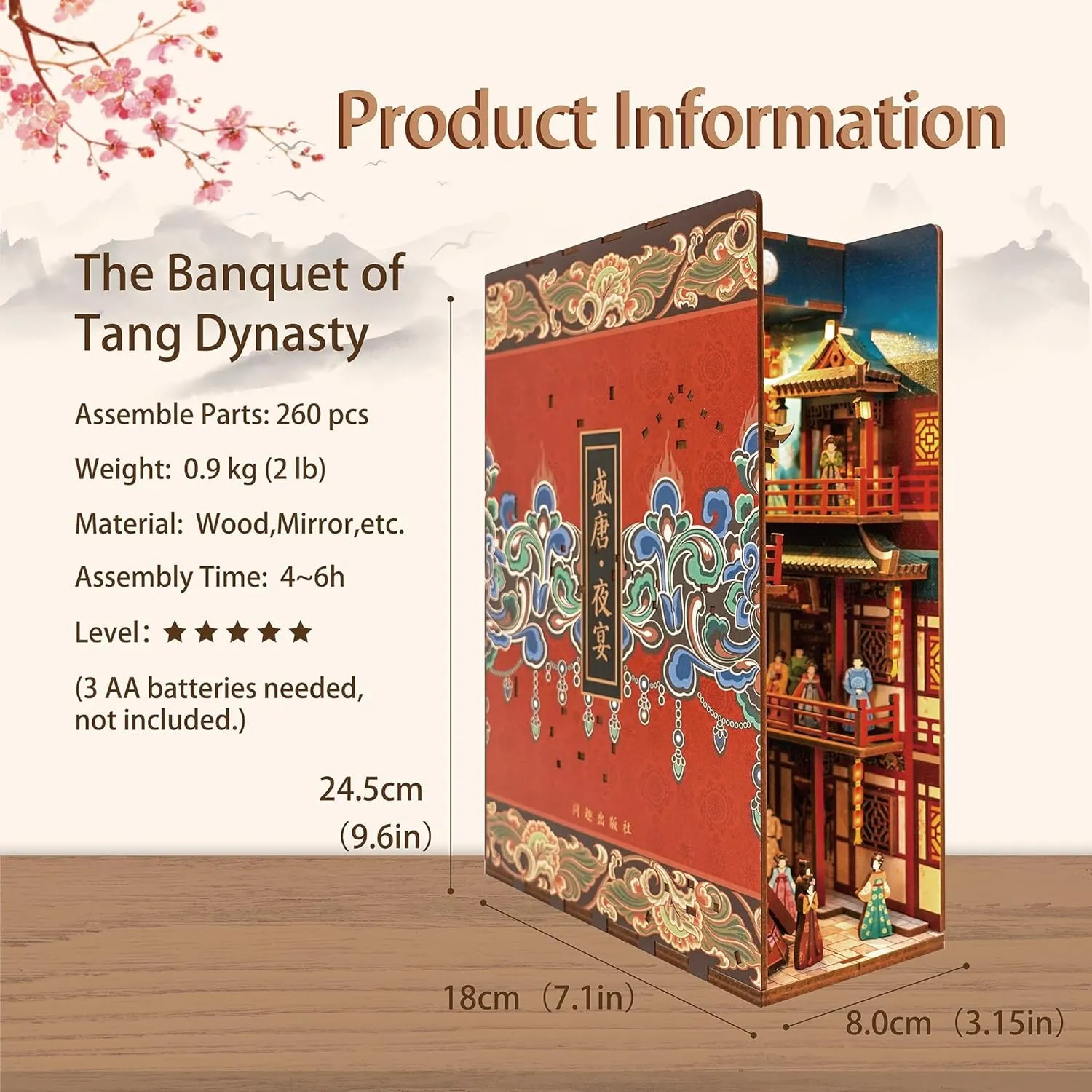 Bookend Bookshelf Insert Library Decor, Chinese Booknook Miniature House Kit with Body Motion Sensor LED Light (The spur Banquet of Tang Dynasty) Tonecheer DIY Book Nook Kit for Adults, 3D Wooden Puzzle 