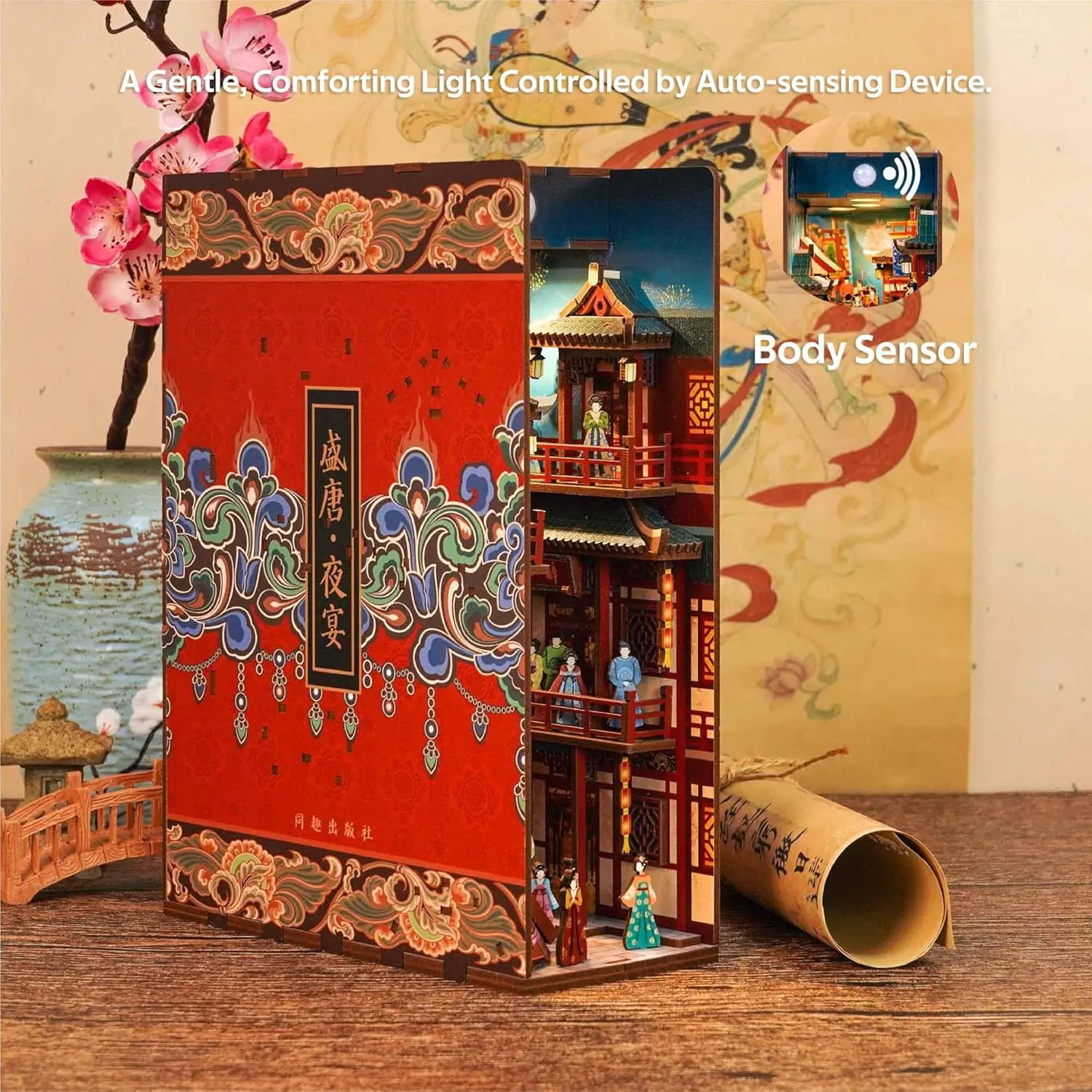 Bookend Bookshelf Insert Library Decor, Chinese Booknook Miniature House Kit with Body Motion Sensor LED Light (The spur Banquet of Tang Dynasty) Tonecheer DIY Book Nook Kit for Adults, 3D Wooden Puzzle 