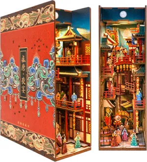 Bookend Bookshelf Insert Library Decor, Chinese Booknook Miniature House Kit with Body Motion Sensor LED Light (The spur Banquet of Tang Dynasty) Tonecheer DIY Book Nook Kit for Adults, 3D Wooden Puzzle 