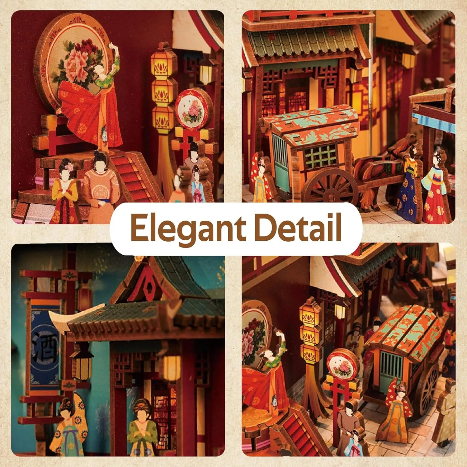 Bookend Bookshelf Insert Library Decor, Chinese Booknook Miniature House Kit with Body Motion Sensor LED Light (The spur Banquet of Tang Dynasty) Tonecheer DIY Book Nook Kit for Adults, 3D Wooden Puzzle 