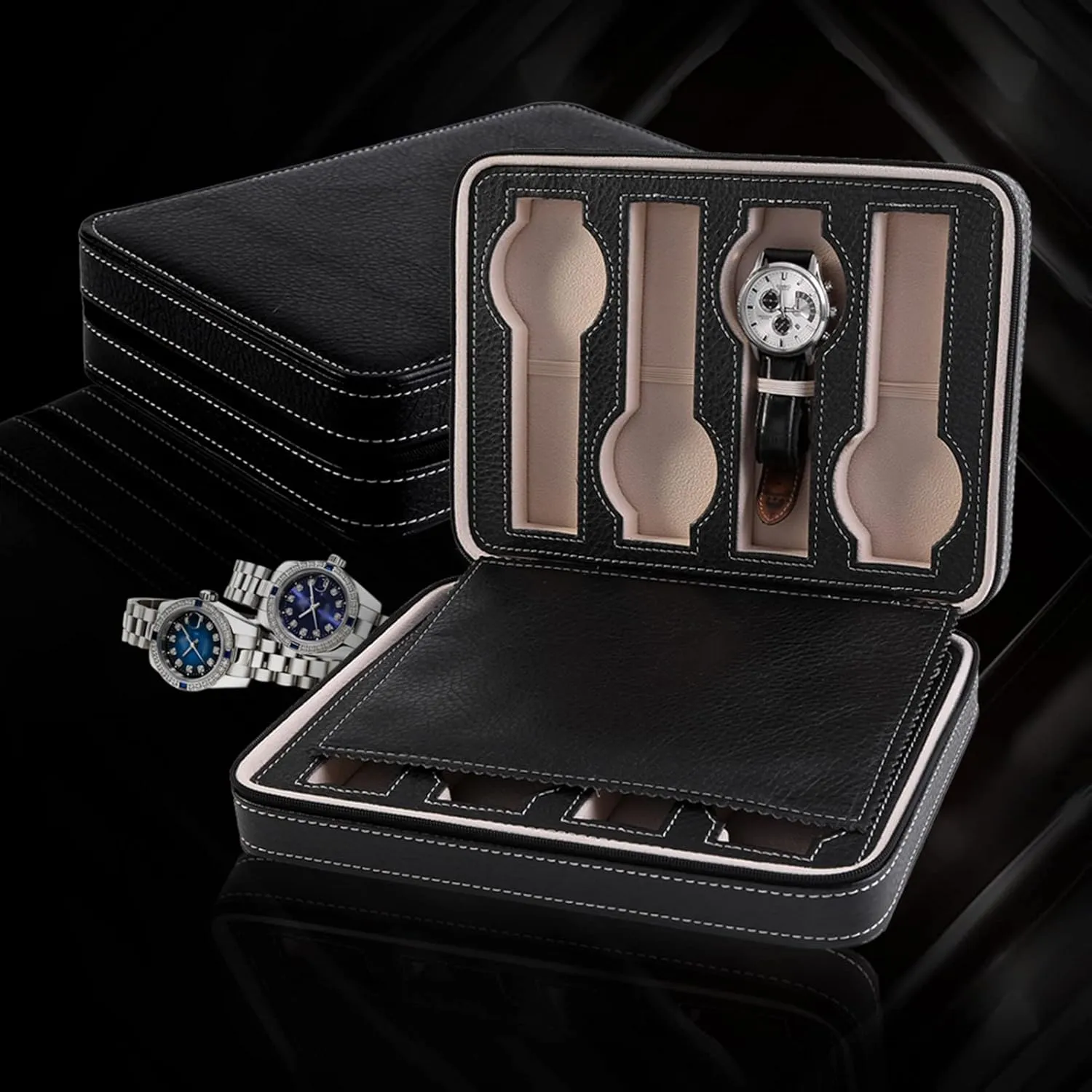 Box 8 Slots, PU Leather Watch Display Box Watch Storage impossible Case with Zipper for Men and Women Travel Watch Case(Black) Watch 