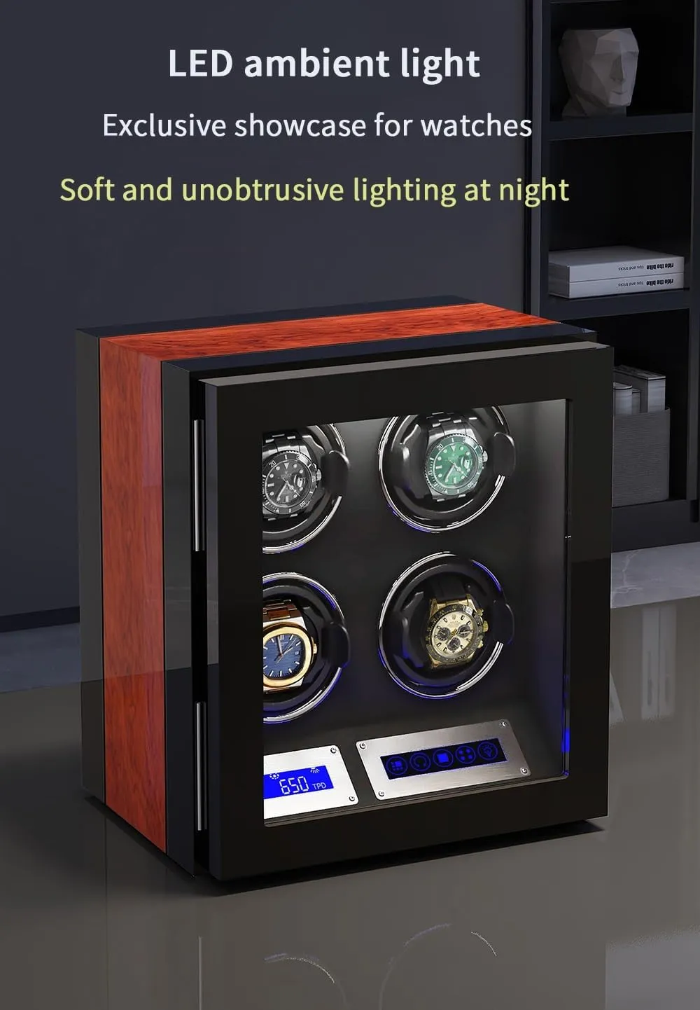 Box Built-in pile extreme outcrop Led Illuminated,A-3 0 Safe Watch Winder Box for 3 Automatic Watches with Lock Security Quiet Motor Watch Winding Display 