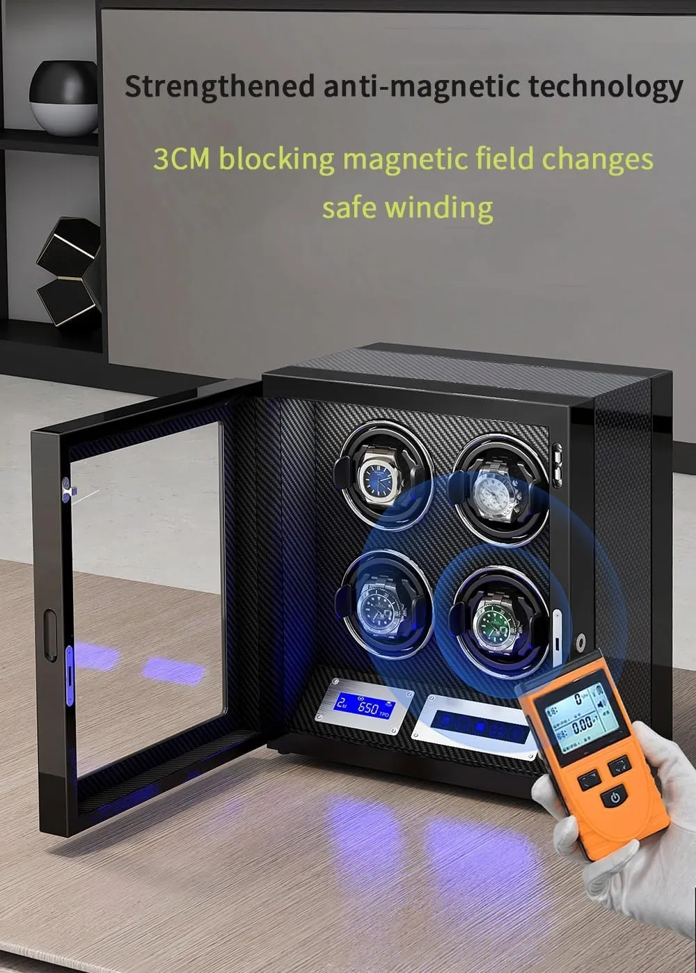 Box Built-in pile extreme outcrop Led Illuminated,A-3 0 Safe Watch Winder Box for 3 Automatic Watches with Lock Security Quiet Motor Watch Winding Display 