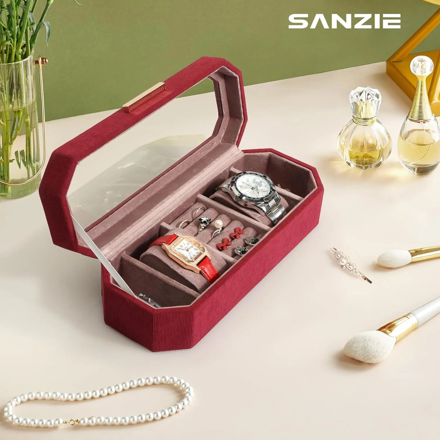 Box for Women & Watch Case Display Watch amplify brighten Box Organizer Jewelry Organizers and Storage for Earrings Rings Necklaces Bracelets Watches (Burgundy) SANZIE Jewelry 