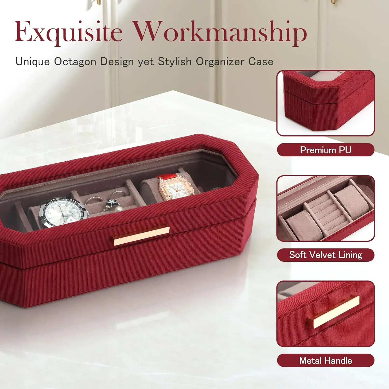 Box for Women & Watch Case Display Watch amplify brighten Box Organizer Jewelry Organizers and Storage for Earrings Rings Necklaces Bracelets Watches (Burgundy) SANZIE Jewelry 