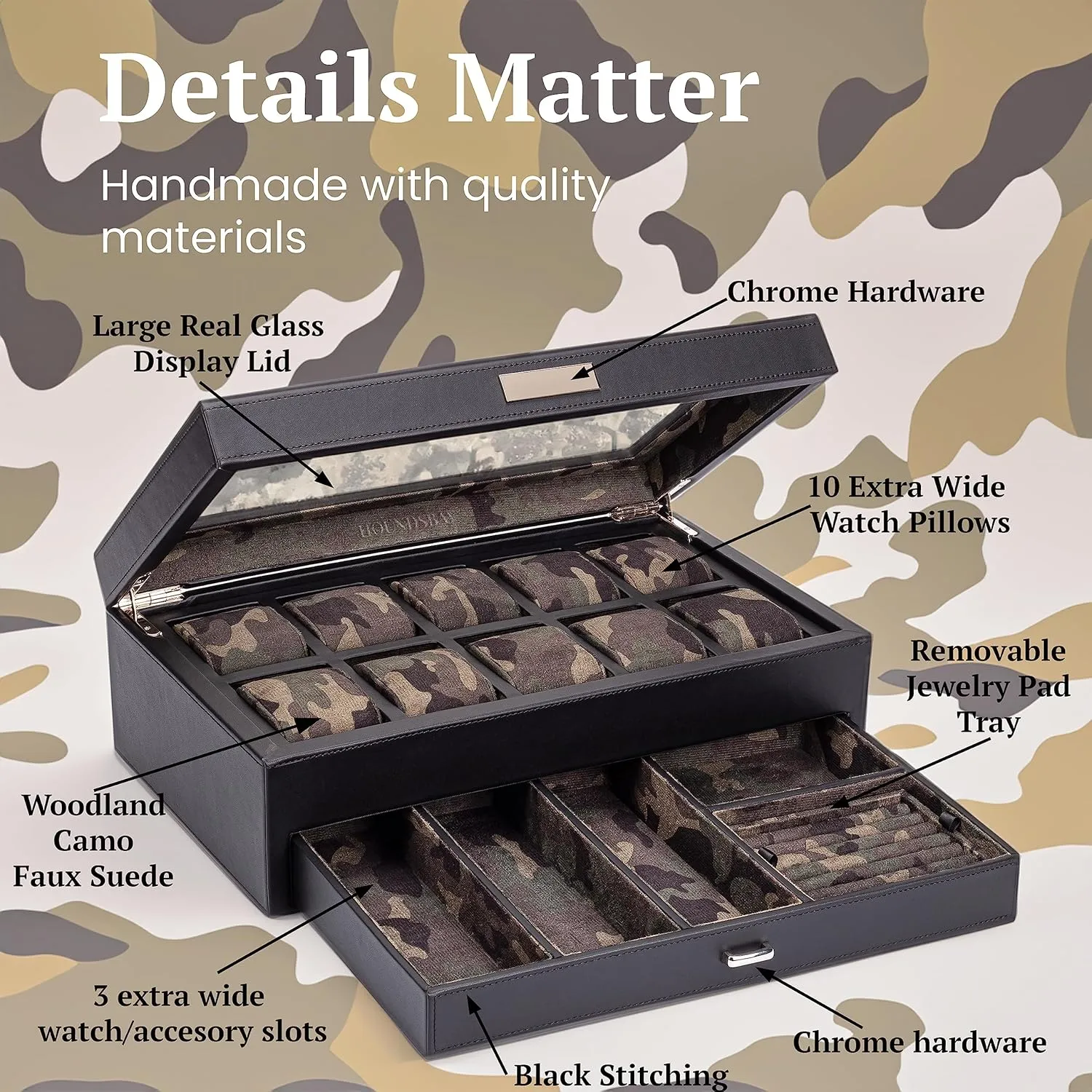 Box Organizer, Watch Display & EDC Storage Drawer, Watch Case HOUNDSBAY Yachtsman Large Watch Box Jewelry Organizer for Men, Camo Gifts dare tusk inflammation amniotic gist scam for Men, Jewelry 