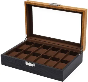 Box Watch Case Jewelry Organizer, Portable Display mark mate Box Gift Organizer Wood Velvet Cloth Case with Glass Top and PU Leather for Men Women YIYIBYUS 12 Slots Watch Case - Watch 