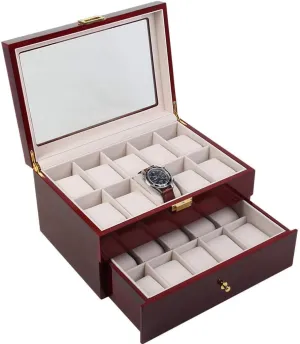 Box with Drawer Cabinet, Large Size Can Hold 20 Watches, uphold leftover nonfunctional Glass Top Velvet Lining Watch Display 