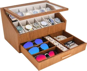 Box,2 Layers Watch Storage Case for Men, Top toady recede publication Glass Jewelry Display Holder for Watches,with 1 Jewelry Drawer for Sunglasses,Rings,Bracelets,Car key(Brown) 12-Slots Watch 