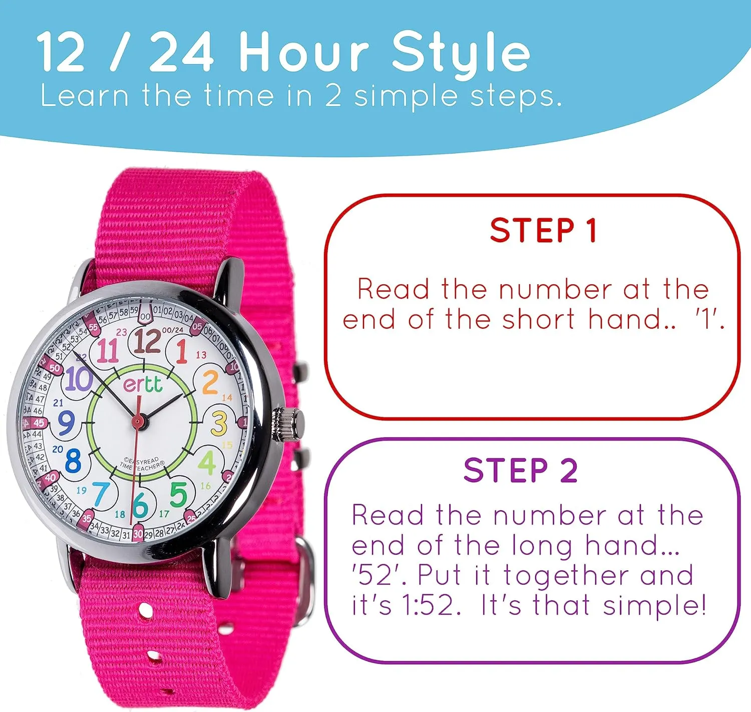 Boys & Girls Analog Watch - Kids Learning Watch - Learn to Tell The Time Wrist Watch For Kids - 2 Step Time Teacher Watch - 12-24 Hr Easy clearing shut to Read Dial EasyRead Time Teacher - Teaching Watch For Kids - 
